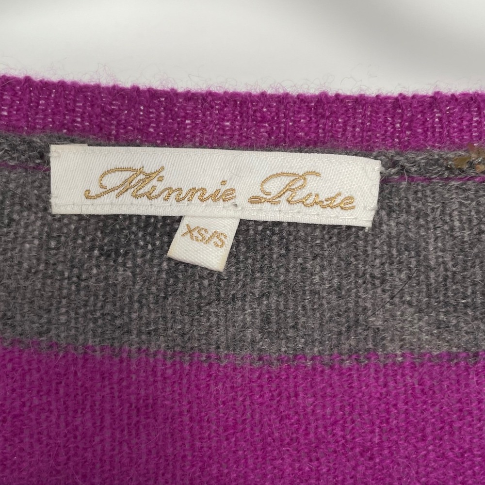 Minnie Rose Cashmere Gray Purple Striped V-Neck Short Sleeve Sweater Luxury XS/S - Picture 5 of 7